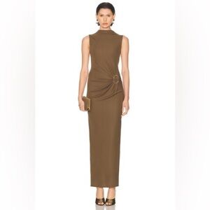 Roland Mouret sleeveless viscose knit maxi with gold buckle in khaki US 8 $700